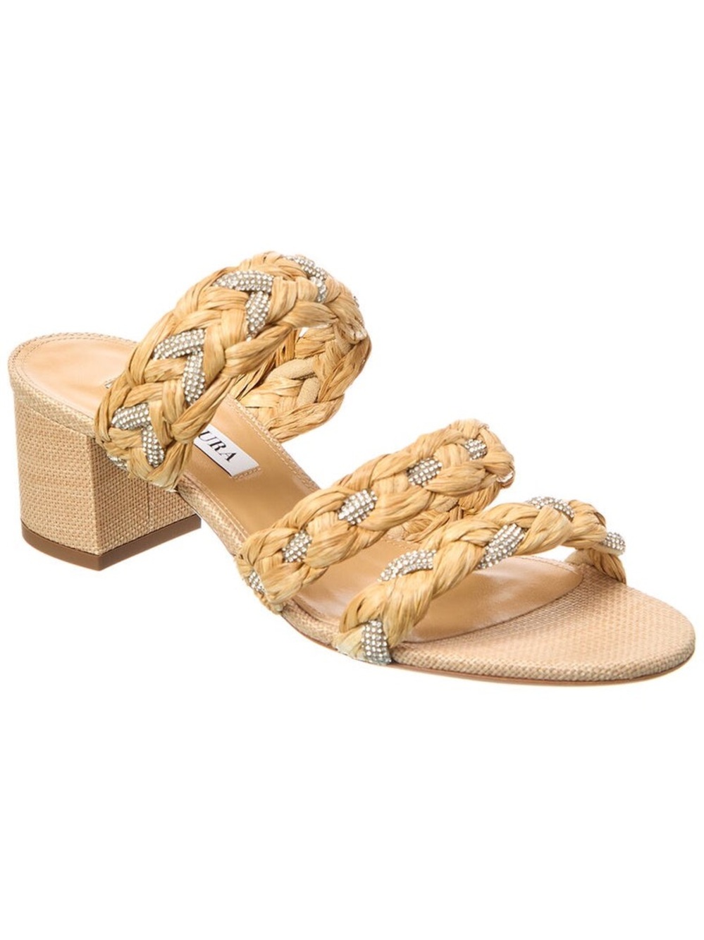 Aquazzura Costiera Crystal 50 Braided Raffia Straps Beige Mule Sandals EUC 38.5